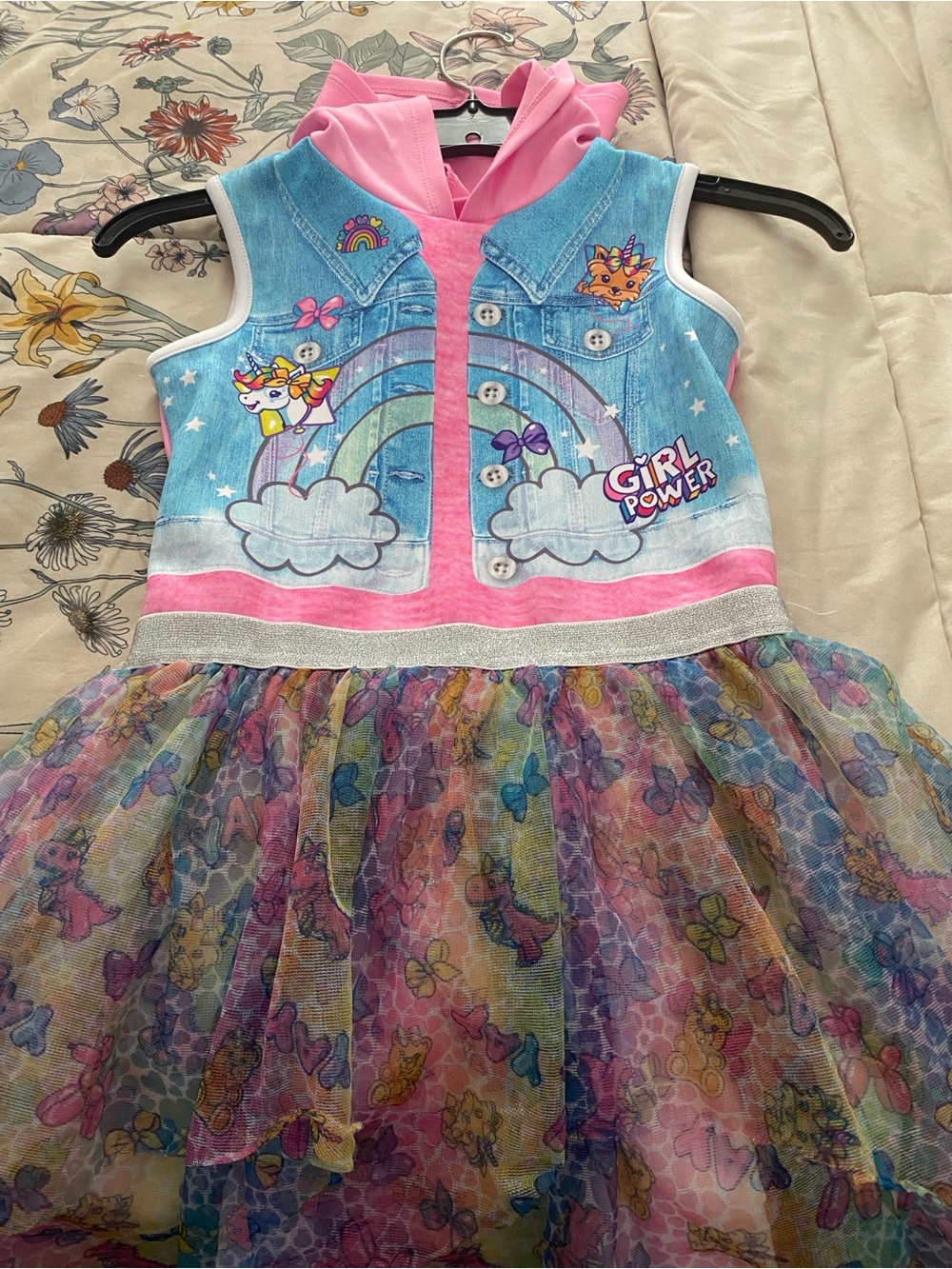 Girl Power Rainbow Tulle Dress with Hooded Pink Top